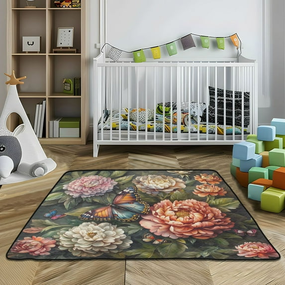WOBOGO Peony Butterfly Painting Baby Playmats Extra Large Waterproof Rollable Activity Pads for Toddlers 50×50inch