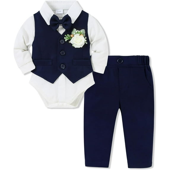 SANMIO Baby Boy Clothes Suits Infant Gentleman Outfit Collared Dress Shirt+Vest+Tie+Corsage+Pants 5Pcs Baby Suit Sets