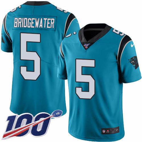 Custom Panthers #5 Teddy Bridgewater Blue Men’s Stitched NFL Limited Rush 100th Season Jersey