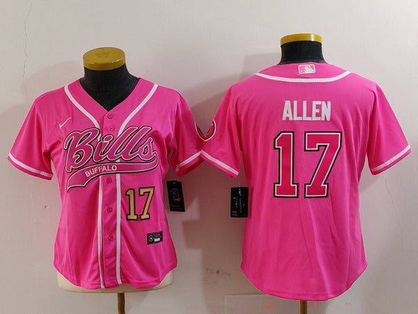 Custom Women’s Buffalo Bills #17 Josh Allen Pink Cool Base Stitched Baseball Jersey