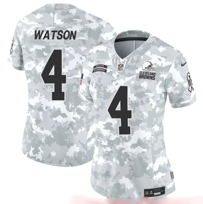 Custom Women’s Cleveland Browns #4 Deshaun Watson 2024 F.U.S.E Arctic Camo Salute To Service Limited Stitched Jersey(Run Small)