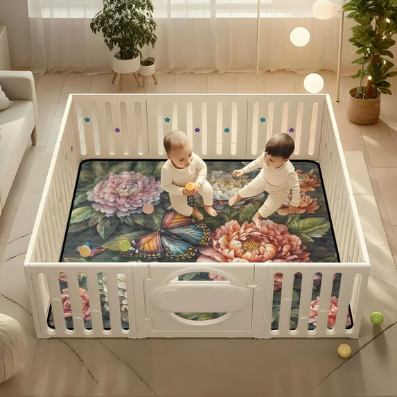 WOBOGO Peony Butterfly Painting Baby Playmats Extra Large Waterproof Rollable Activity Pads for Toddlers 50×50inch