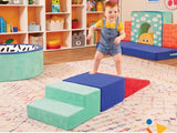 Child playing with colorful foam blocks in a playroom setting