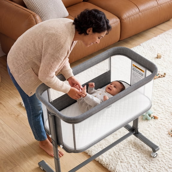 AILEEKISS Bedside Bassinet for Newborn, 6 Height Adjustable Baby Bassinet with Wheels, Grey