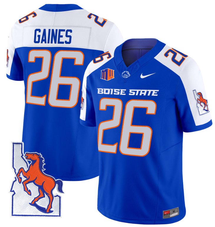 Custom Sire Gaines Jersey #26 Boise State Broncos 2024 Map Patch Vapor Football Royal Alternate