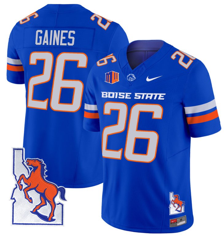 Custom Sire Gaines Jersey #26 Boise State Broncos 2024 Map Patch Vapor Football Royal