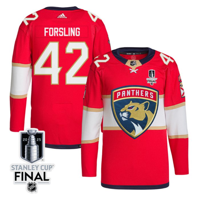 Custom Gustav Forsling 42 Florida Panthers 2025 STANLEY CUP Final Patch Home Men Jersey Red