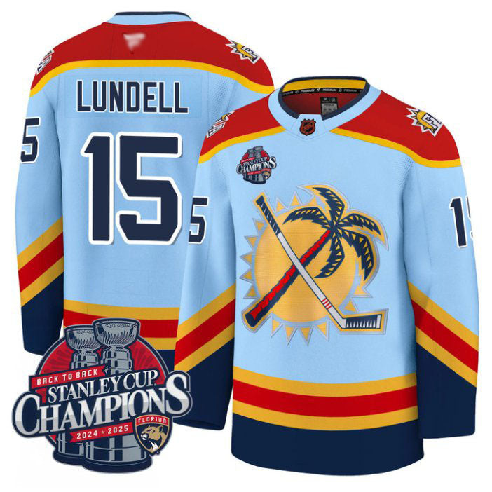 Custom Anton Lundell Jersey #15 Florida Panthers 2025 Stanley Cup Back To Back Blue