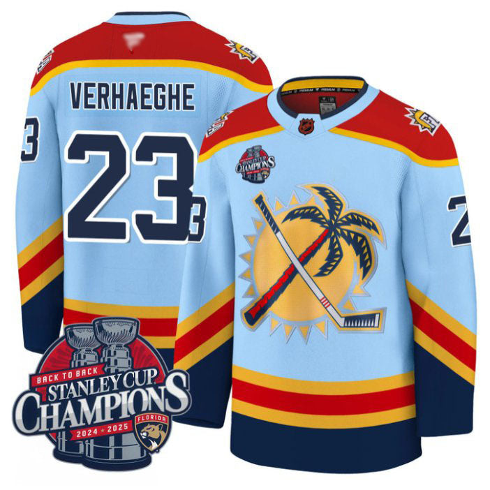 Custom Carter Verhaeghe Jersey #23 Florida Panthers 2025 Stanley Cup Back To Back Blue