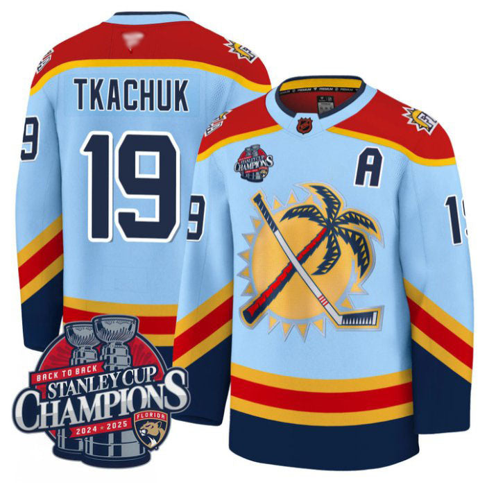 Custom Matthew Tkachuk Jersey #19 Florida Panthers 2025 Stanley Cup Back To Back Blue