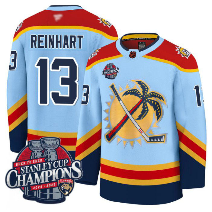 Custom Sam Reinhart Jersey #13 Florida Panthers 2025 Stanley Cup Back To Back Blue