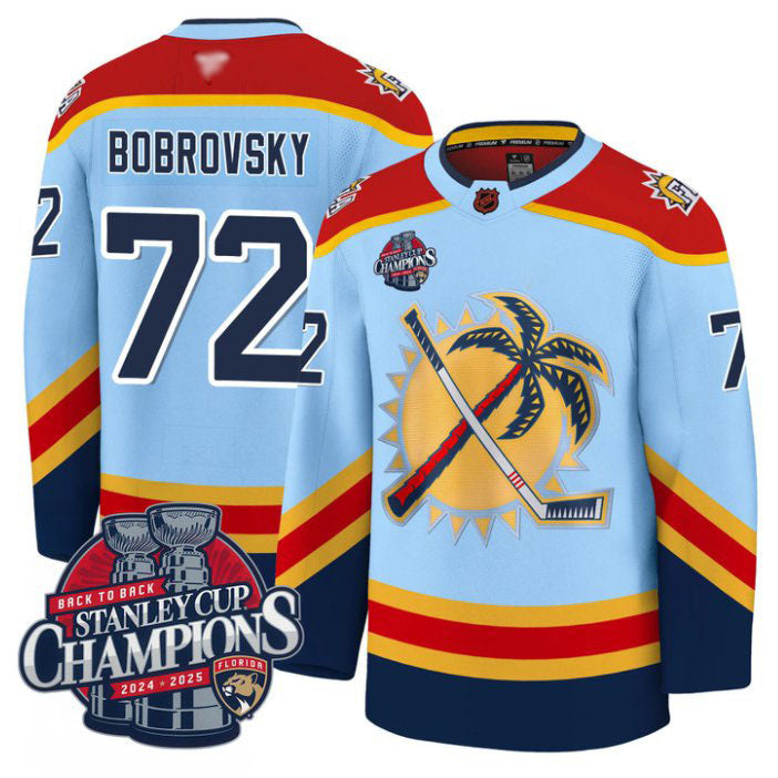 Custom Sergei Bobrovsky Jersey #72 Florida Panthers 2025 Stanley Cup Back To Back Blue