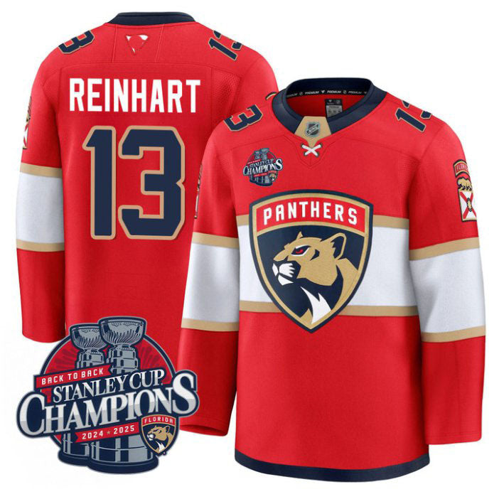Custom Sam Reinhart Jersey #13 Florida Panthers 2025 Stanley Cup Back To Back Red