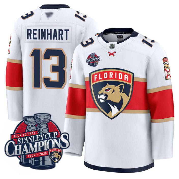 Custom Sam Reinhart Jersey #13 Florida Panthers 2025 Stanley Cup Back To Back White