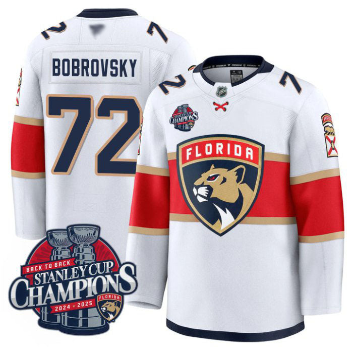 Custom Sergei Bobrovsky Jersey #72 Florida Panthers 2025 Stanley Cup Back To Back White