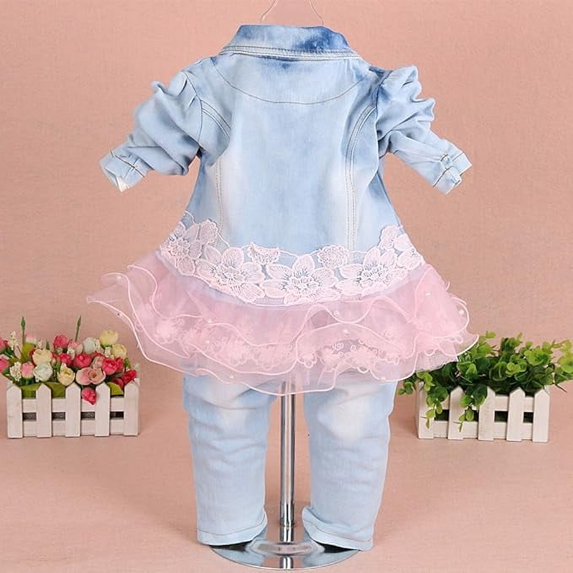 Peacolate Baby Girls 3-Piece Denim Clothing Set - T-Shirt, Denim Jacket, and Jeans, Pink, 1-2 Years