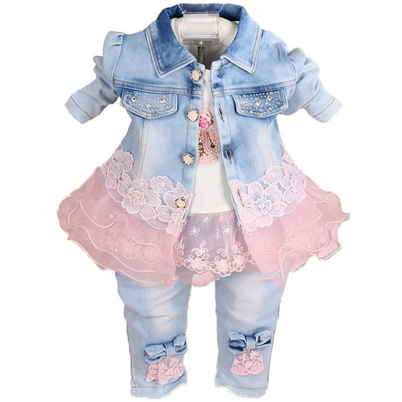 Peacolate Baby Girls 3-Piece Denim Clothing Set - T-Shirt, Denim Jacket, and Jeans, Pink, 1-2 Years
