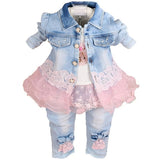 Peacolate Baby Girls 3-Piece Denim Clothing Set - T-Shirt, Denim Jacket, and Jeans, Pink, 1-2 Years