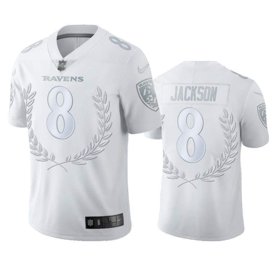 Custom Baltimore Ravens #8 Lamar Jackson Men”s Platinum NFL MVP Limited Edition Jersey