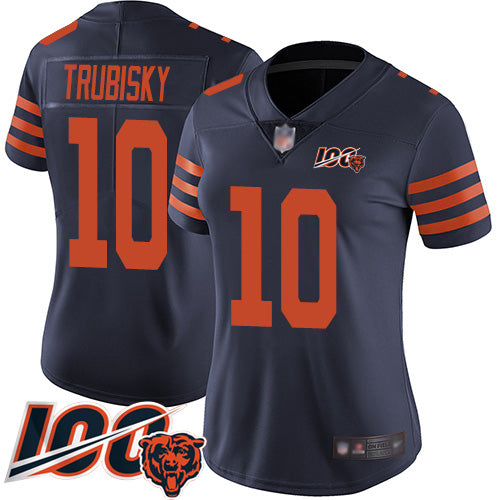Custom Bears #10 Mitchell Trubisky Navy Blue Alternate Women’s Stitched Football 100th Season Vapor Limited Jersey