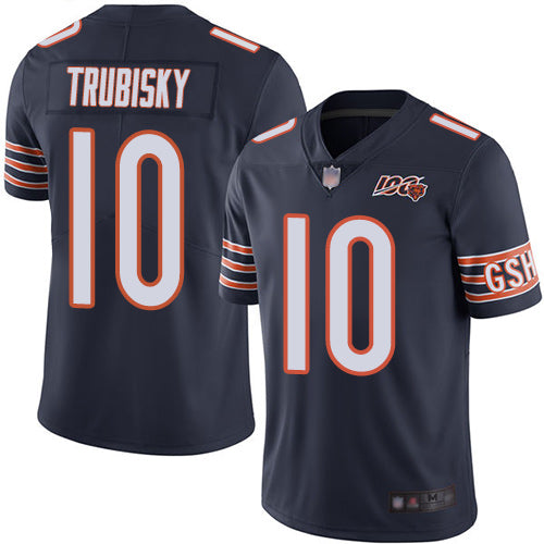 Custom Bears #10 Mitchell Trubisky Navy Blue Team Color Youth Stitched Football 100th Season Vapor Limited Jersey