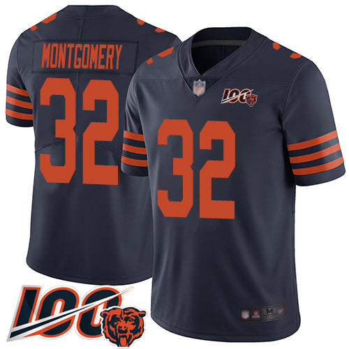 Custom Bears #32 David Montgomery Navy Blue Alternate Men’s Stitched Football 100th Season Vapor Limited Jersey