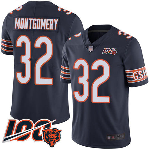 Custom Bears #32 David Montgomery Navy Blue Team Color Men’s Stitched Football 100th Season Vapor Limited Jersey