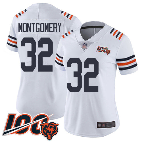 Custom Bears #32 David Montgomery White Alternate Women’s Stitched Football Vapor Untouchable Limited 100th Season Jersey