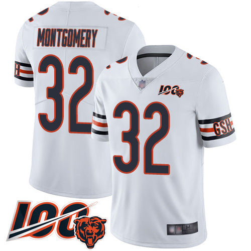 Custom Bears #32 David Montgomery White Men’s Stitched Football 100th Season Vapor Limited Jersey