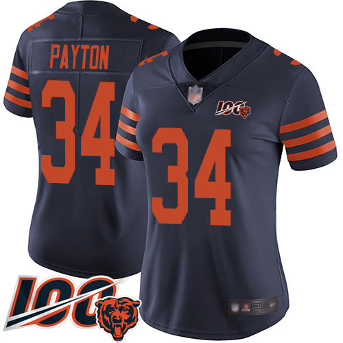 Custom Bears #34 Walter Payton Navy Blue Alternate Women’s Stitched Football 100th Season Vapor Limited Jersey