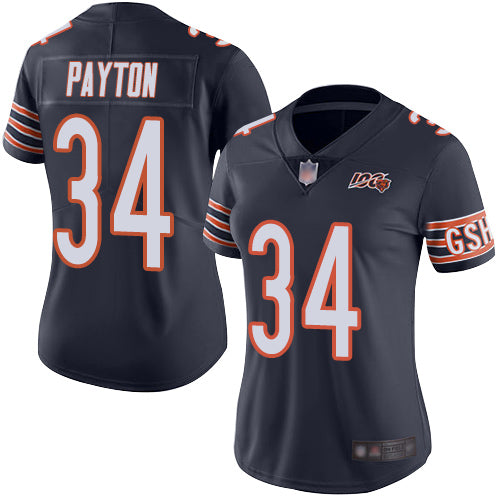 Custom Bears #34 Walter Payton Navy Blue Team Color Women’s Stitched Football 100th Season Vapor Limited Jersey