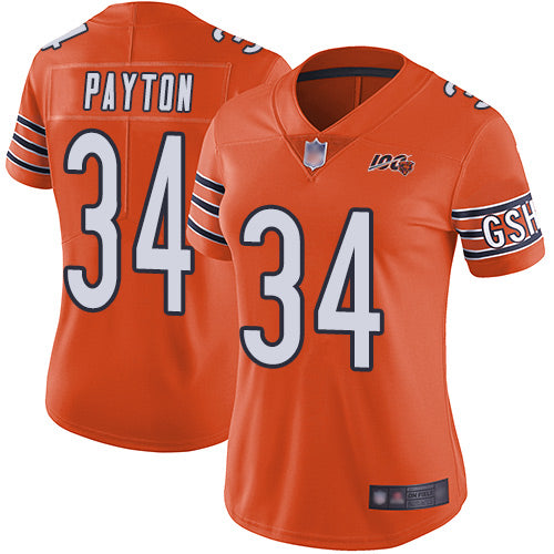 Custom Bears #34 Walter Payton Orange Women’s Stitched Football Limited Rush 100th Season Jersey