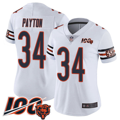 Custom Bears #34 Walter Payton White Women’s Stitched Football 100th Season Vapor Limited Jersey