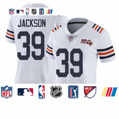 Custom Bears #39 Eddie Jackson White Alternate Women’s Stitched Football Vapor Untouchable Limited 100th Season Jersey