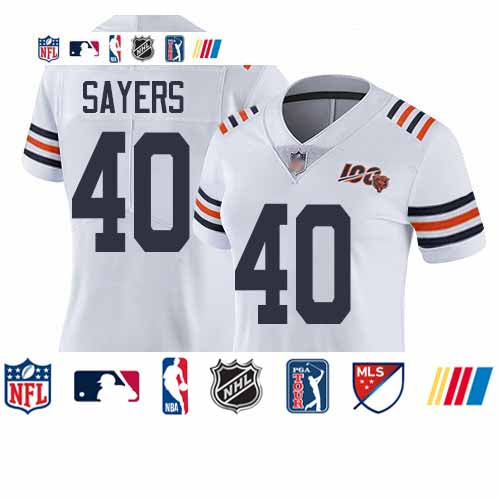 Custom Bears #40 Gale Sayers White Alternate Women’s Stitched Football Vapor Untouchable Limited 100th Season Jersey