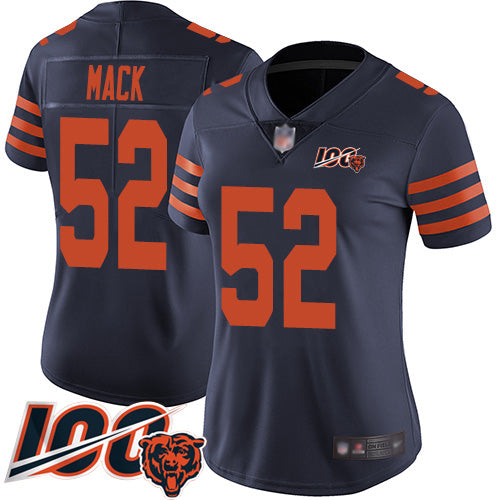 Custom Bears #52 Khalil Mack Navy Blue Alternate Women’s Stitched Football 100th Season Vapor Limited Jersey