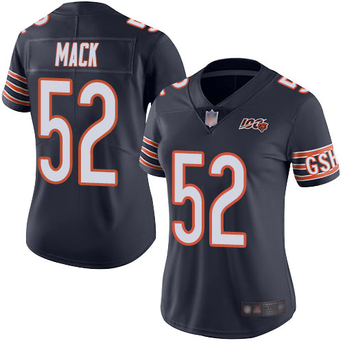 Custom Bears #52 Khalil Mack Navy Blue Team Color Women’s Stitched Football 100th Season Vapor Limited Jersey