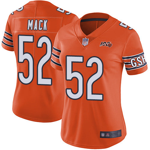 Custom Bears #52 Khalil Mack Orange Women’s Stitched Football Limited Rush 100th Season Jersey