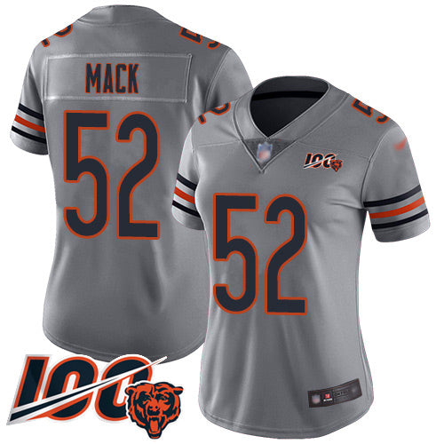 Custom Bears #52 Khalil Mack Silver Women’s Stitched Football Limited Inverted Legend 100th Season Jersey
