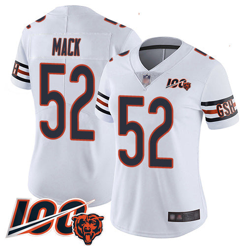 Custom Bears #52 Khalil Mack White Women’s Stitched Football 100th Season Vapor Limited Jersey