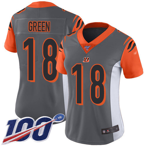 Custom Bengals #18 A.J. Green Silver Women’s Stitched Football Limited Inverted Legend 100th Season Jersey