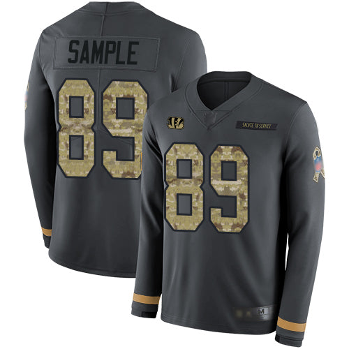 Custom Bengals #89 Drew Sample Anthracite Salute to Service Men’s Stitched Football Limited Therma Long Sleeve Jersey