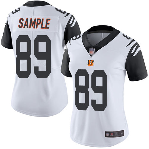 Custom Bengals #89 Drew Sample White Women’s Stitched Football Limited Rush Jersey