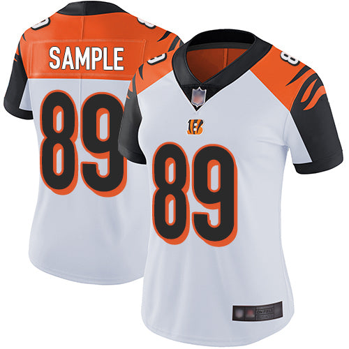 Custom Bengals #89 Drew Sample White Women’s Stitched Football Vapor Untouchable Limited Jersey