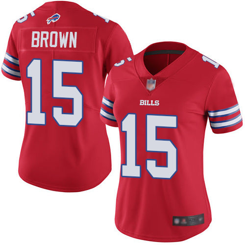 Custom Bills #15 John Brown Red Women’s Stitched Football Limited Rush Jersey