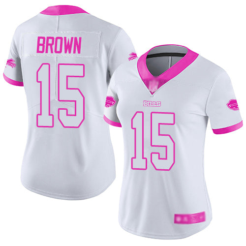 Custom Bills #15 John Brown White Pink Women’s Stitched Football Limited Rush Fashion Jersey