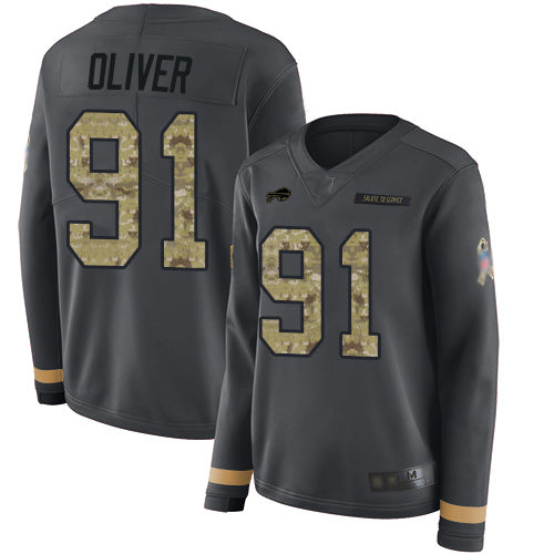 Custom Bills #91 Ed Oliver Anthracite Salute to Service Women’s Stitched Football Limited Therma Long Sleeve Jersey