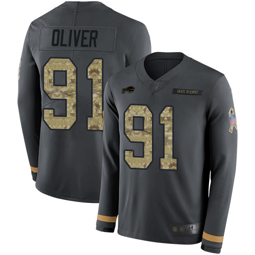 Custom Bills #91 Ed Oliver Anthracite Salute to Service Youth Stitched Football Limited Therma Long Sleeve Jersey