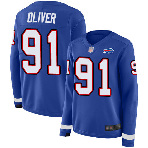 Custom Bills #91 Ed Oliver Royal Blue Team Color Women’s Stitched Football Limited Therma Long Sleeve Jersey