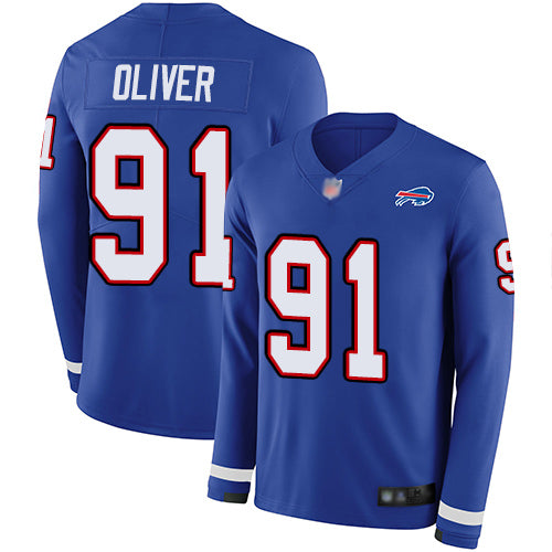 Custom Bills #91 Ed Oliver Royal Blue Team Color Youth Stitched Football Limited Therma Long Sleeve Jersey